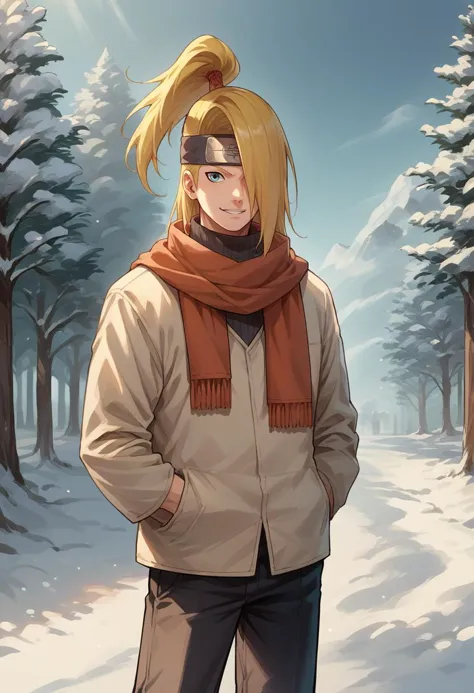 score_9, score_8_up, score_7_up, source_anime, 1boy, solo, Deidara, hair over one eye, long hair, ponytail, black headband, forehead protector, turtleneck sweater, pants, outdoors, scarf, winter, smile, <lora:ChamDeidaraPonyXL-000008:1>