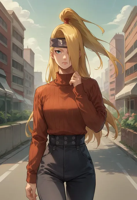 score_9, score_8_up, score_7_up, source_anime, 1girl, solo, Deidara, hair over one eye, long hair, ponytail, black headband, forehead protector, sweater, ribbed sweater, long sleeves, high-waist pants, outdoors, city, <lora:ChamDeidaraPonyXL-000008:1>