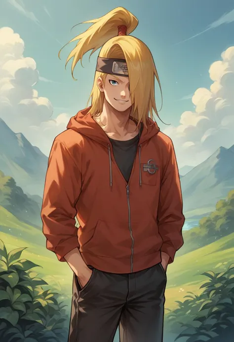 a man with blonde hair and a hoodie standing in front of a mountain