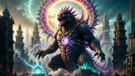 wide shot of godzilla rampaging in mythos fantasy cityscape,  swirling vortex of iridescent light, magic, luminescent power, quartz, amethyst, opal, mixed colors, jade, magical wraith, Godzilla spewing raw energy from its mouth, time long forgotten, mystical, unique forms of crystal shapes, (masterpiece:1.2), (epic composition:1.4), (talent:1.2), ultra detailed, cinematic lighting, highly detailed, insanely detailed, (photorealistic:1.2), hdr, 8k, exquisite, sharp, elegant, ambient lighting, fantasy vivid colors, high quality, MechanicusStyleAI