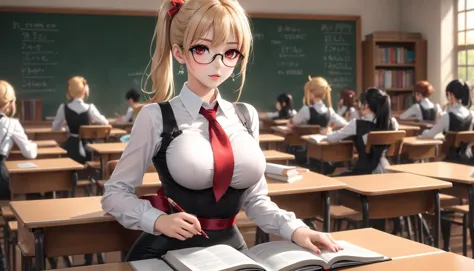 anime girl in glasses and a red tie standing in a classroom