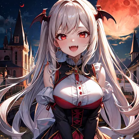 ultra detailed,(masterpiece, best quality), 1girl, best quality,
, 1girl,Vampire girl, Laughing wildly at the sky, (showing fang...