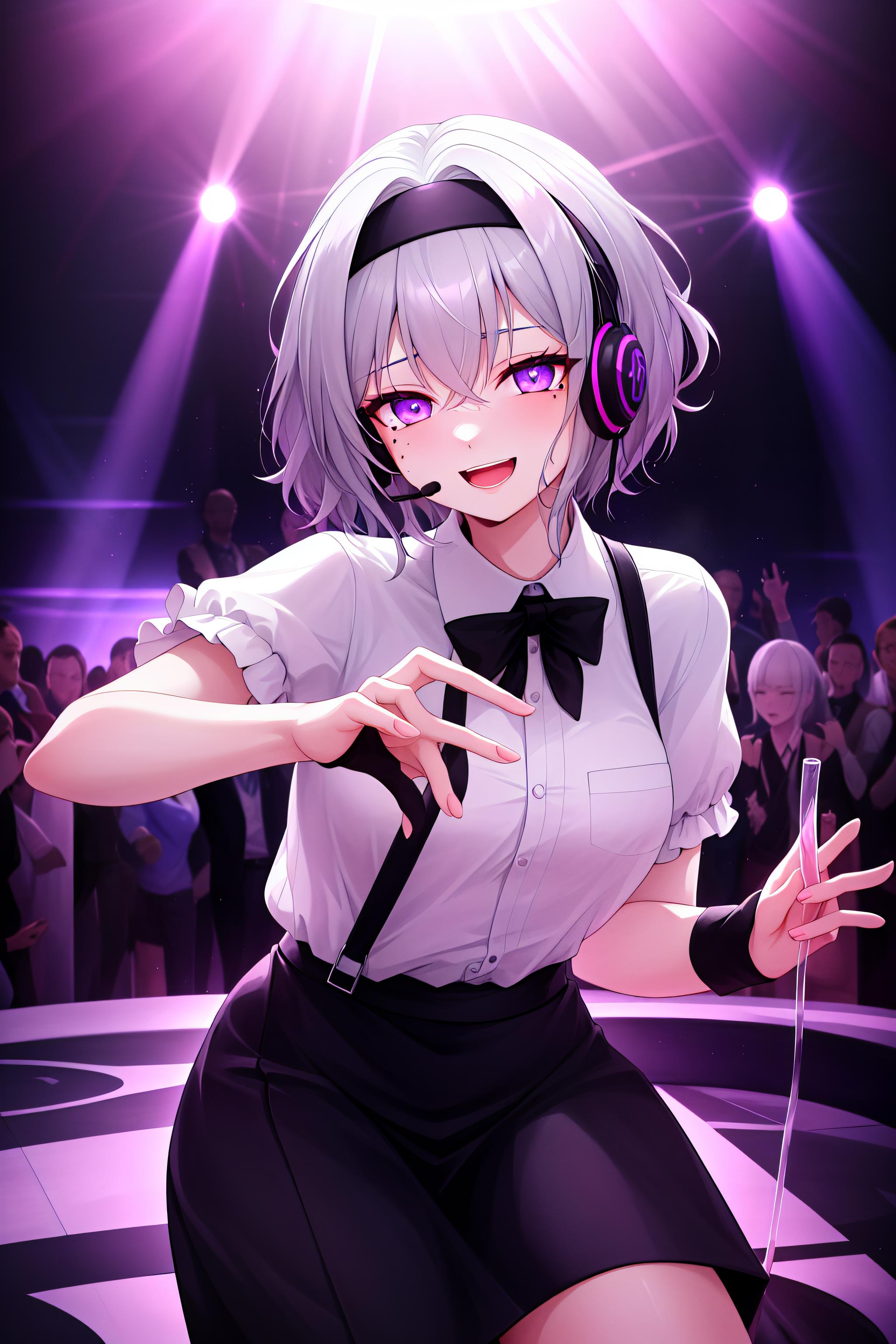 Anime girl in a black and white outfit dancing on a dance floor - SeaArt AI