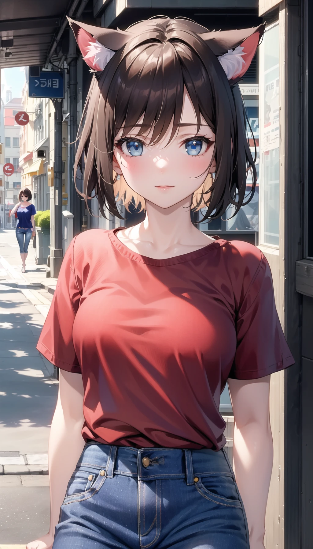 masterpiece ,  a girl with cat ears, on the street , ( lite brown short hair:1.2), (blue eyes:1.2), (red shirt:1.2), (blue jeans:1.4),   (looks at the viewer:1.2) ,

(8k,  best quality 1.2),  ultra-detailed, 8k uhd,
 soft lighting, high quality, film grain,   beautiful lighting,
cinematic ,perfect body , best illumination, best shadow,  sharpness, contrast,