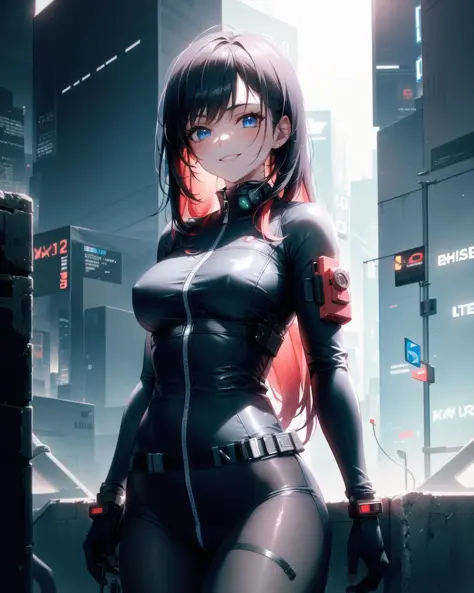 masterpiece , a girl , red very long hair , blue eyes ,  gradient , perfect figure , ( techwear:1.2) , cyberpunk , future , mode...