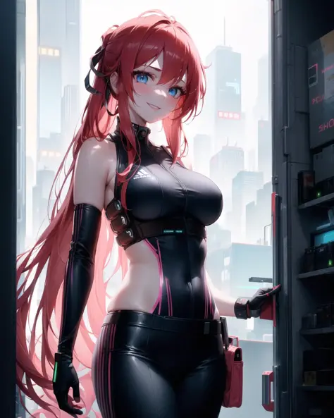 masterpiece , a girl , red very long hair , blue eyes ,  gradient , perfect figure , athletic body ,( techwear:1.2) , cyberpunk ...