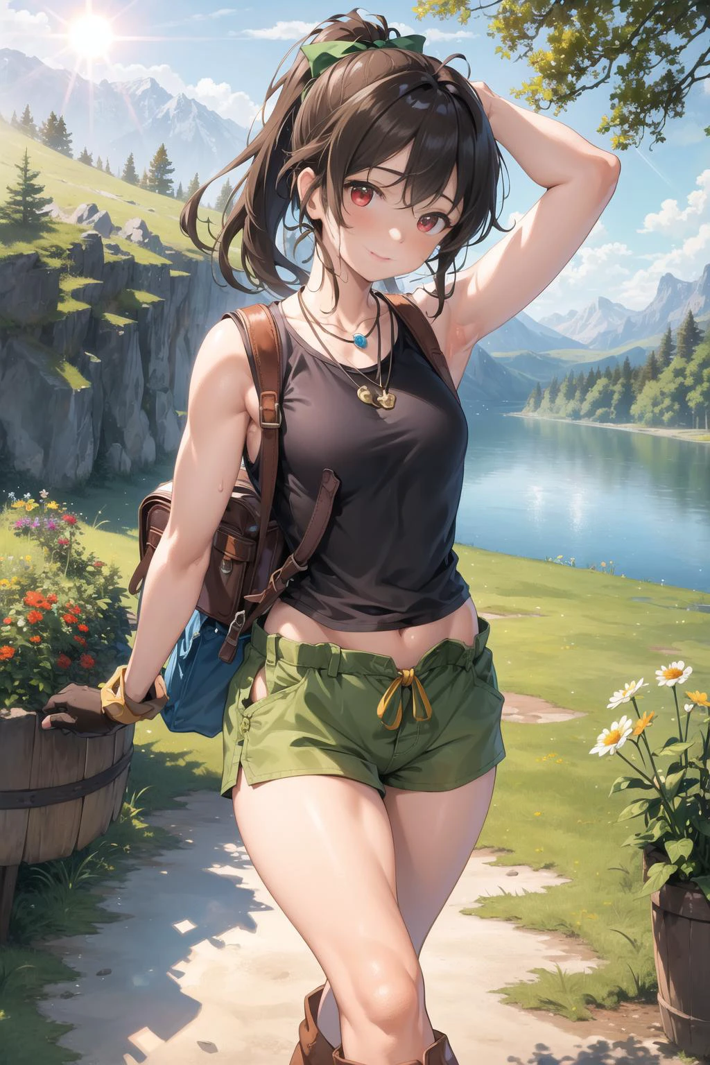 (masterpiece:1.2), (best quality:1.1), (ultra-detailed:1.1), illustration, 1girl, solo, adventure girl, brown backpack, ponytail with dark green ribbon, (brown short boots:1.1), detailed forest,  (white sleeveless tank top,:1.1), (blue short trouser:1.1), realism, sunshine, camping, medium breasts, happy,  (badhandv4:0.6), (walking:1.1), brown gloves, black hairs, brown waist book, simple necklace, sun, impressionistic, thick thigh, red eyes, (sweating:1.1), mountain, lake, boats, 1armpit, picking flowers