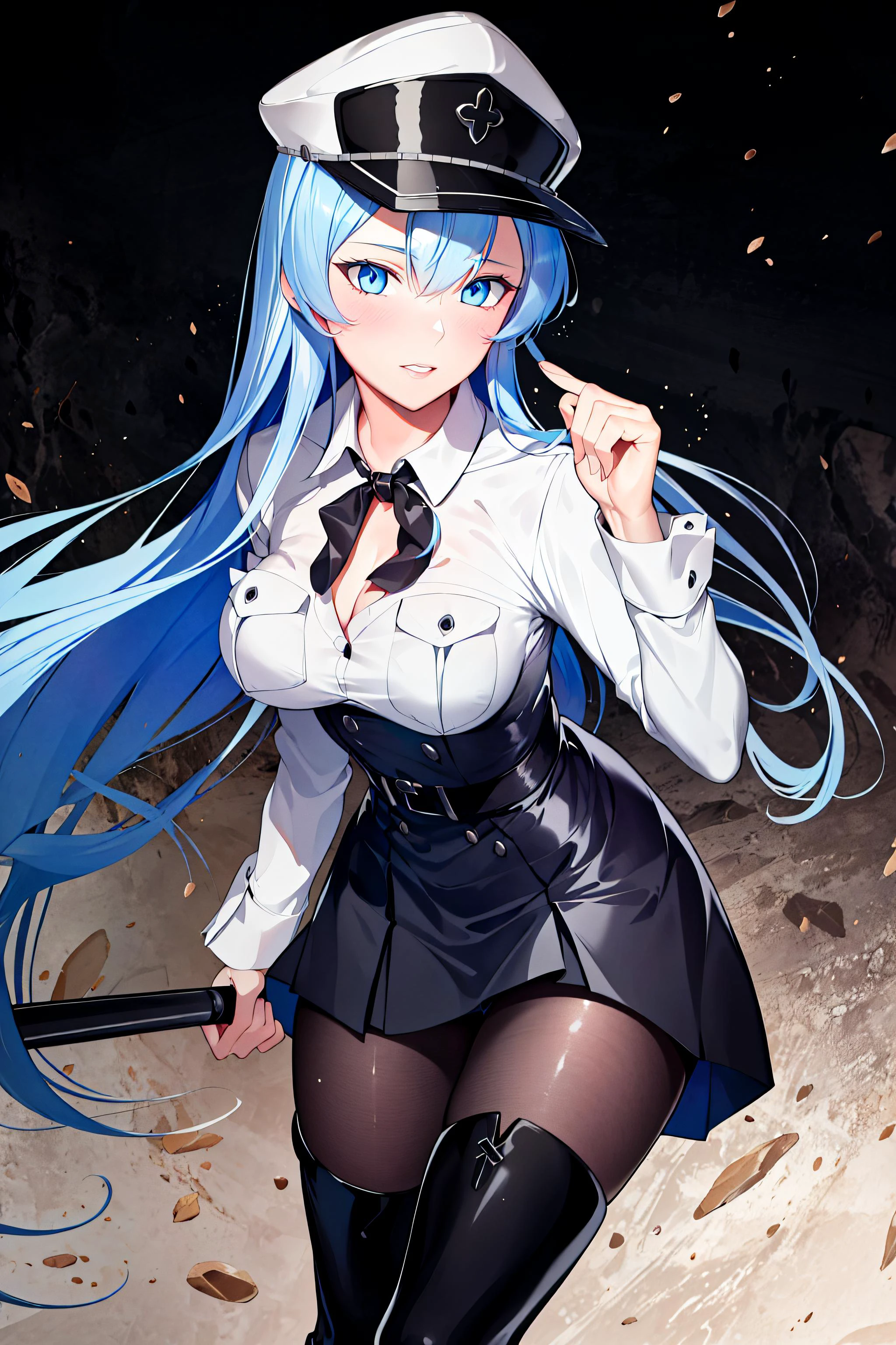 (masterpiece), (best quality),highres, ultra detailed, professional lighting, photography, esdeath, long hair ,blue hair, blue eyes, formal wear, blouse, peaked cap, thigh boots, black belt ,black dress, black tie,black pantyhose, looking at viewer, goddess, detailed background, gala , glamor,  