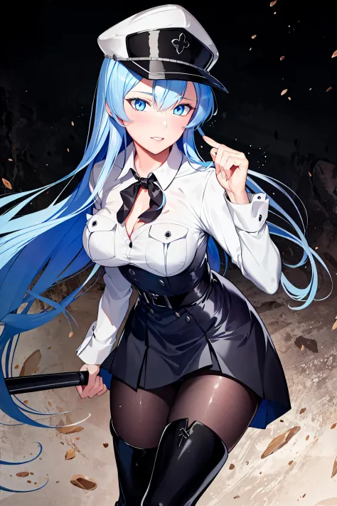 (masterpiece), (best quality),highres, ultra detailed, professional lighting, photography, esdeath, long hair ,blue hair, blue e...