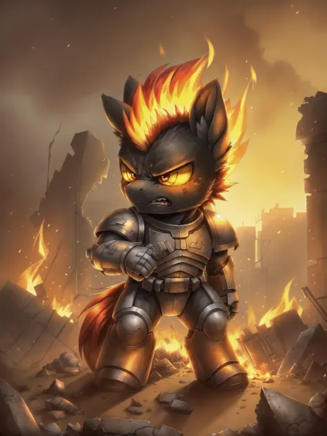 <lora:pony_maker_v10_style:1>  <lora:Primarismarines4:0.5> Pony, Chibi, Wearing primaris armor, Angry expression, firey red mane, flaming mane, black fur, soft fur, fluffy fur, in a warzone, ruined buildings, rubble, broken machines, fire, smoke.