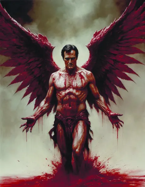 Roberto Ferri detailed of Bruce Campbell as an angel,angel wings,angelic,wrapped,Chiaroscuro,ascending from hell,dramatic octane...