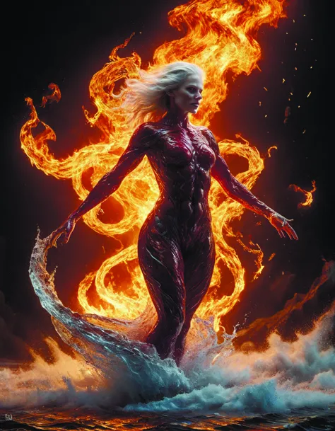 a woman in a red suit is standing on a wave of water with fire