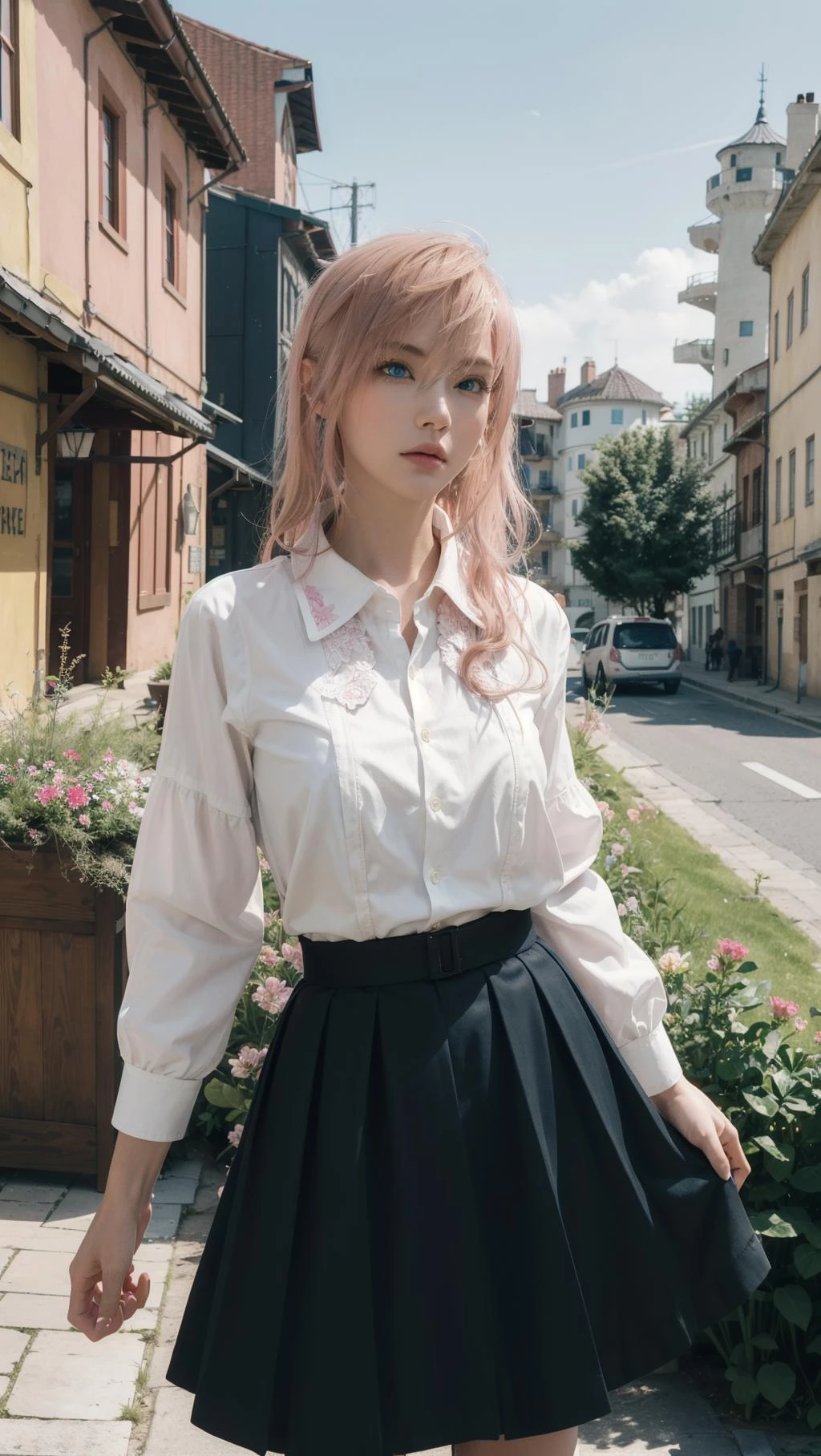 best quality,masterpiece,8k wallpaper,absurdres, highres, ultra detailed, (1 young beautiful girl, solo:1.1), blue eyes,realistic,bangs,long hair, pink hair,  high collar,collared shirt,white shirt,pleated skirt,black skirt,cowboy shot, upper body,outdoors, castle, streets, green plants, flowers,BREAK