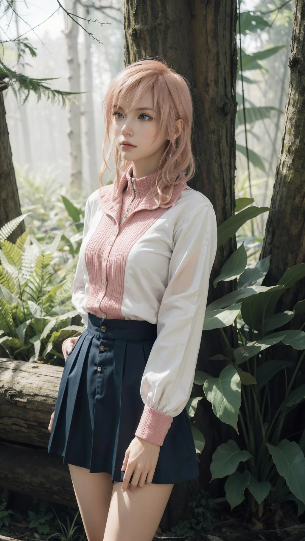 best quality,masterpiece,8k wallpaper,absurdres, highres, ultra detailed, (1 young beautiful girl, solo:1.1), blue eyes,realistic,bangs,long hair, pink hair,  high collar,collared shirt,white shirt,pleated skirt,black skirt,cowboy shot, upper body,lowleg pants,ribbed sweater,An enchanted forest where magical creatures and plants abound,BREAK