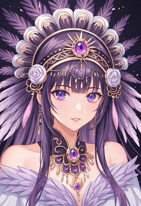 a woman with purple hair wearing a headdress and a purple dress