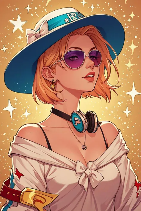 a woman with a hat and sunglasses wearing headphones