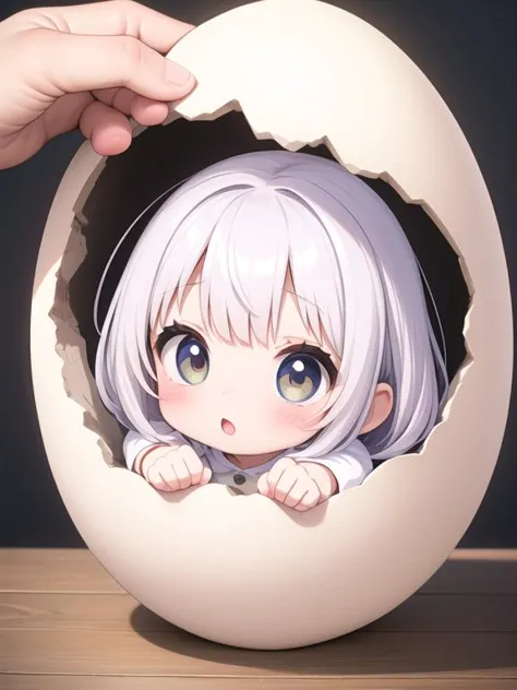 a little girl, 2 head body, chibi, giant cracked egg, head is sticking out of  giant egg <lora:hatched egg-001_0.7:1>