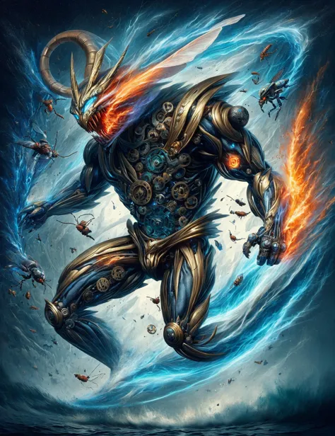 a digital painting of a robot with a fire and flames in his hands