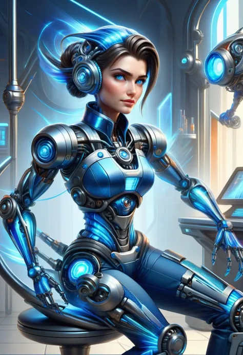 a woman in a futuristic suit sitting on a stool