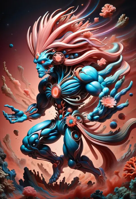 a painting of a blue and pink creature with a red head