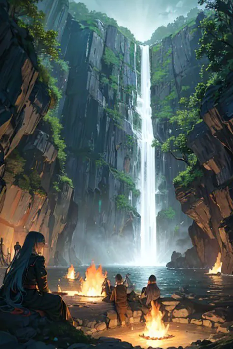 a group of people sitting around a campfire near a waterfall