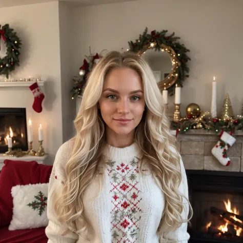 white blonde long weavy curly hair, wearing christmas sweater, christmas decoration in background, lit fireplace in background