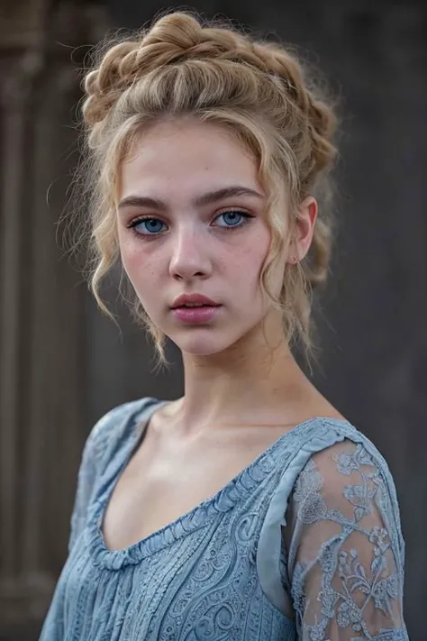portrait of a feverish blue eyed young greek teen girl, blond messy updo high big messy bun curly bangs, wearing a simple poor c...