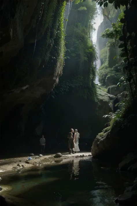 Canon RF85mm f/1.2, masterpiece, excellent quality, very high resolution, cinematic lighting, reflections, HDR, 8K resolution, a group of six people in a cave discussing next to a fire, top view punot, cave behind the waterfall, dim light, night, green jungle visible from behind the waterfall