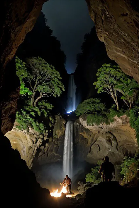 Canon RF85mm f/1.2, masterpiece, excellent quality, very high resolution, cinematic lighting, reflections, HDR, 8K resolution, a group of six people in a cave discussing next to a fire, top view punot, cave behind the waterfall, dim light, night, green jungle visible from behind the waterfall