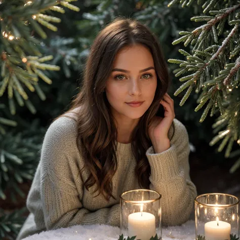Christmas scene with a girl sitting among green and silver decorations, twinkling lights entwined through pine branches, gleamin...