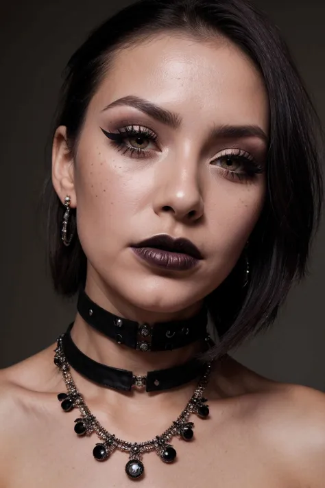 Close up portrait of a pretty, goth girl with dark hair posing in