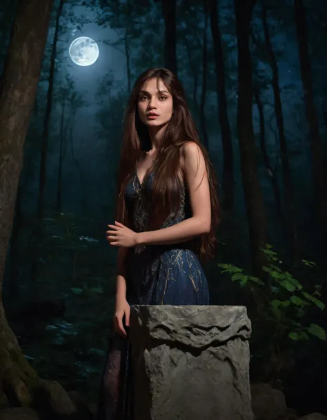 Amidst the ethereal glow of the moonlit forest, the enchanting Kamila stands alone atop an ancient stone pedestal, her long brown hair cascading down like a waterfall of shadows, her eyes gleaming with an inner fire as she parts her lips in a silent incantation, summoning the magic within herself to illuminate the night. <lora:prwzxi18fd0b490e8w223:1>