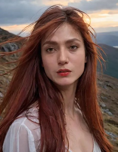 With a single, solitary strand of her long, lustrous hair cascading over one side of her face, the enigmatic beauty Kamila stands alone on the windswept peak of a Scottish mountain, her brown eyes filled with sorrow and her lips parted in a mournful expression, a vivid streak of crimson lipstick accentuating the melancholic mood as the last rays of the setting sun cast their golden glow upon her, her fiery red hair shimmering like embers against the darkening sky. <lora:uzlwhs18fde32e149p693:1>