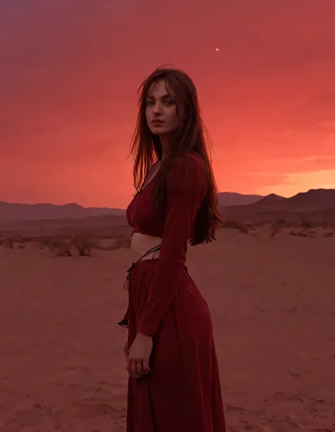 a woman in a red dress standing in the desert at sunset