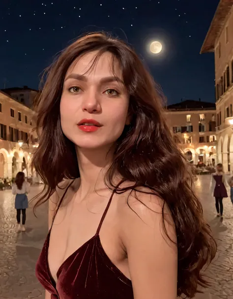 arafed woman in a red dress standing in a street at night