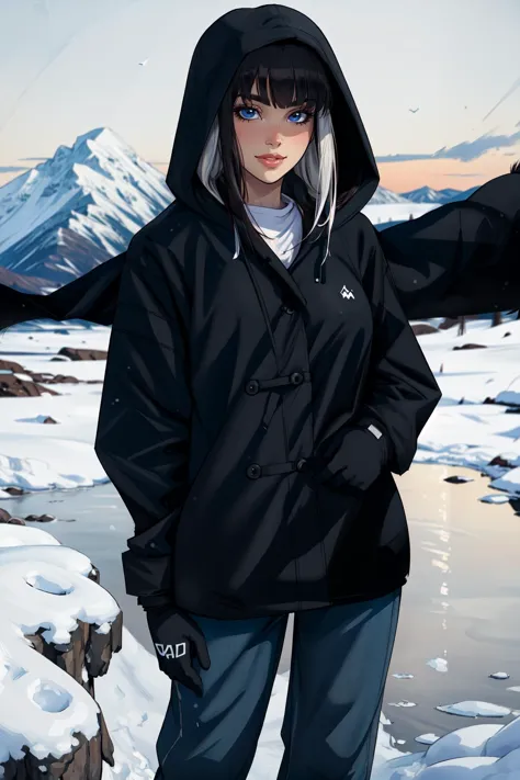 anime girl in black coat standing in snow with mountain in background