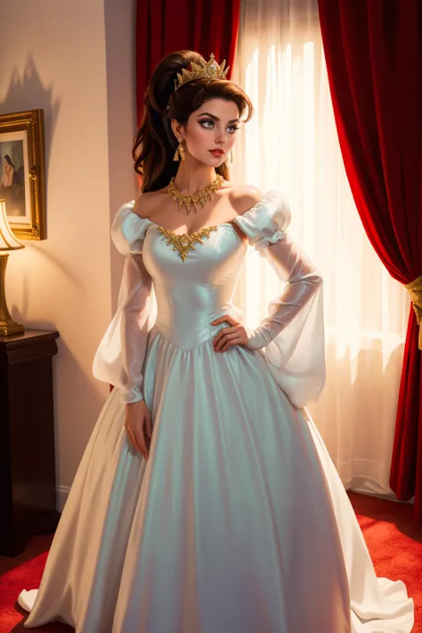 adult beautiful tall woman,  (voluminous puffy sleeves) ,solo, standing,  eyeliner, eyeshadow, makeup, red lips ,   best quality, high quality, high detail, 8k, highres, dr3ss, jasmine \(aladdin\), dark hair, metal collar, (high ponytail), tiny crown, persian woman, (smirk), cross-cross halter top, long bright red:1.2 dressfoil, glitter, white dress, ballgown, hair ribbons,, long sleeves, standing, full body, necklace, earrings, Timeless Art Deco Master Bedroom, Geometric patterns, glossy surfaces, and a glamorous chandelier, epitomizing the opulence of the Art Deco era. , hand on hip dark, moody, ((rim lighting, chiaroscuro))