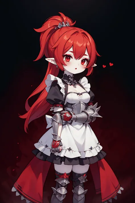 (high quality, best quality),
1girl, pale skin, white skin,
LelithHesperax, long hair, red hair, ponytail, hair ornament, pointy ears, red eyes, makeup, eyeshadow, 
maid dress, armored thighhighs, cute,
dark background, 
<lora:Lelith_Hesperax__Warhammer_40k-000010:0.8>