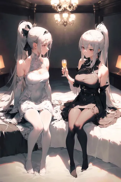 NSFW, 2girls,((((masterpiece)))),((((((bestquality)))))),((((ultra-detailed)))),(((illustration))), ray tracing, (dim light), [realistic] ((detailedbackground(bedroom))),+++++(((silver hair))), (((A long disheveled silver-haired, busty yet slender girls with a high ponytail))) are in the ominous bedroom, averting their blonde eyes, ((and the girls wear intricate embroidered blackhighslitcheongsams with pantyhose and whitefurtrimelbowgloves)), as the girls sitting in quite intimate contact each other to show off their delicate svelte figures and lissome curvaceous beauties.,[[field of depth]], [lens chromatic aberration], [[crystal]]