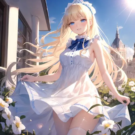 masterpiece, best quality, hyperrealistic, 1girl, ukrainian, upper body, beautiful detailed eyes, perfect face, beautiful detailed face, walking, photo fine print, amazing sharp focus, ultra detailed, soft skin, long hair, blonde hair, blue eyes, translucent frilled sleeveless dress, light smile, sun flare, moaning, city,