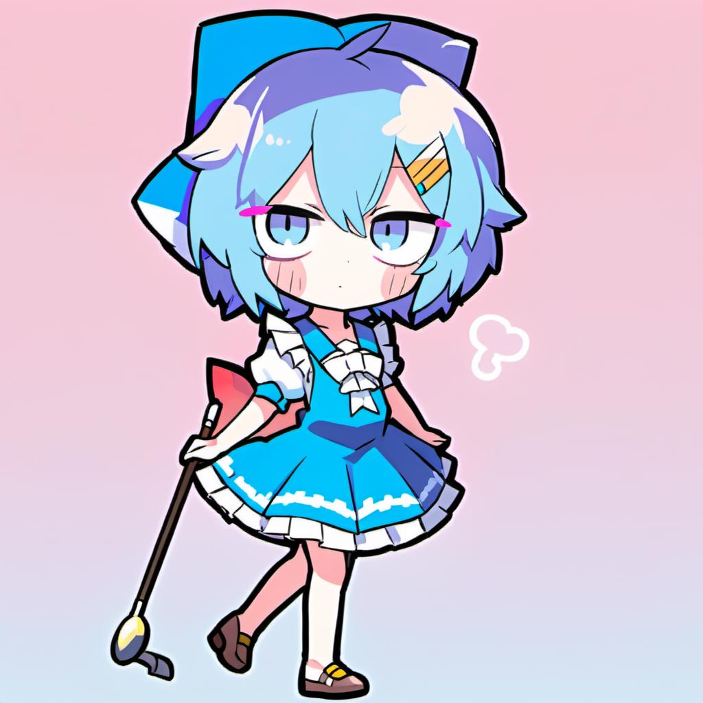 A cartoon girl with a blue dress and a blue hat holding a broom - SeaArt AI