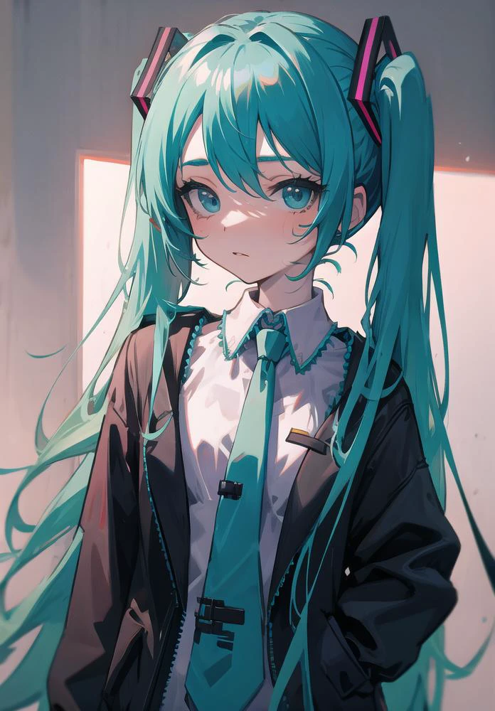 hatsune miku, grimace, shaded face, masterpiece, absurdres,