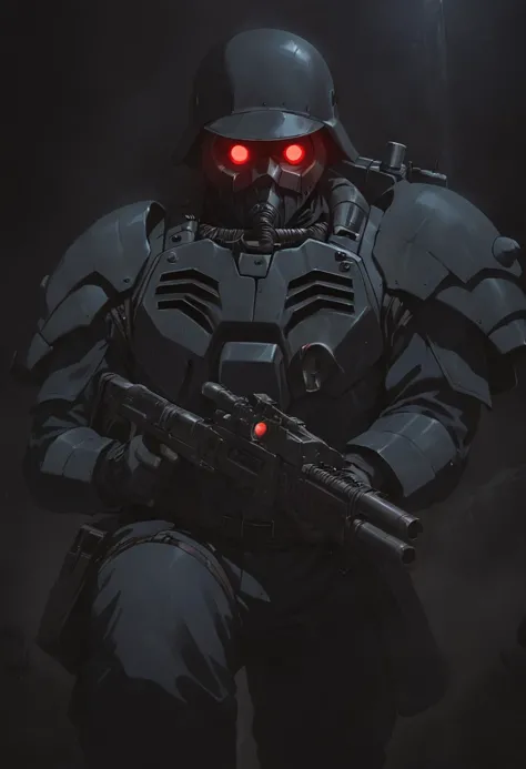 a man in a helmet and a gun in a dark room