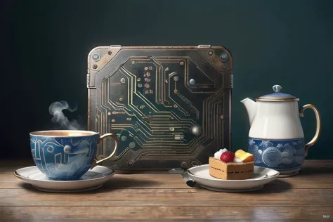 <lora:AzulejoAI:0.1>,AzulejoAI , <lora:CircuitBoardAI:0.6>,CircuitBoardAI,  <lora:SteamPunkAI:0.2>,SteamPunkAi,
a Afternoon tea tableware,  (realistic:1.8), real, leather, carbon fiber, 
masterpiece, best quality, 8K, HDR, highres, absurdres:1.2, 
movie light effect, film grain, Fujifilm XT3, cinematic shot, 
pure white simple background,