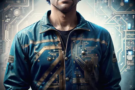 arafed man in a blue jacket standing in front of a circuit board