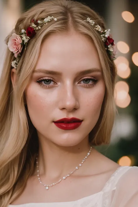 fotografia de retrato em close-up de uma linda garota holandesa loira sorrindo em uma cerimônia de casamento, Cena cinematográfica, Luzes volumétricas, visão da câmera frontal, Bokeh, melancolia, lábios vermelhos, pele de porcelana branca, (sardas:0.75), rosas, obra de arte, detalhado, Olhos de avelã perfeitos