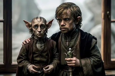 "Harry Potter" and "Game of Thrones" universe,a photo of (Tyrion Lanniser) standing next to (Dobby the House Elf),epiCPhoto