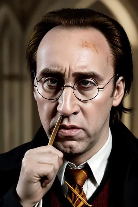 cinematic,Harry Potter,Nicholas Cage cosplay as "Harry Potter" character,forehead scar,wand,glasses