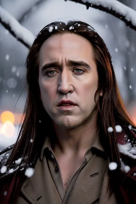 film scene,Twilight,[Nicholas Cage:Bella Swan:0.8],outdoors,snow,epiCPhoto,Nicholas Cage's face on Bella Swan's body,Twilight fi...