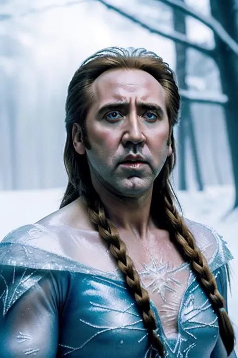 cena de filme,(Nicolas Cage:1) como Elsa em "congeladas",foto épica,Nicolas Cage wearing Elza congeladas costume